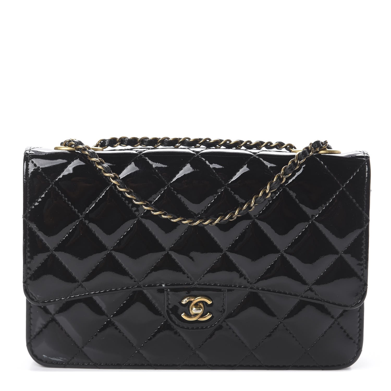 Chanel Patent Goatskin Quilted CC Eyelet Wallet On Chain WOC Black 1 of 9