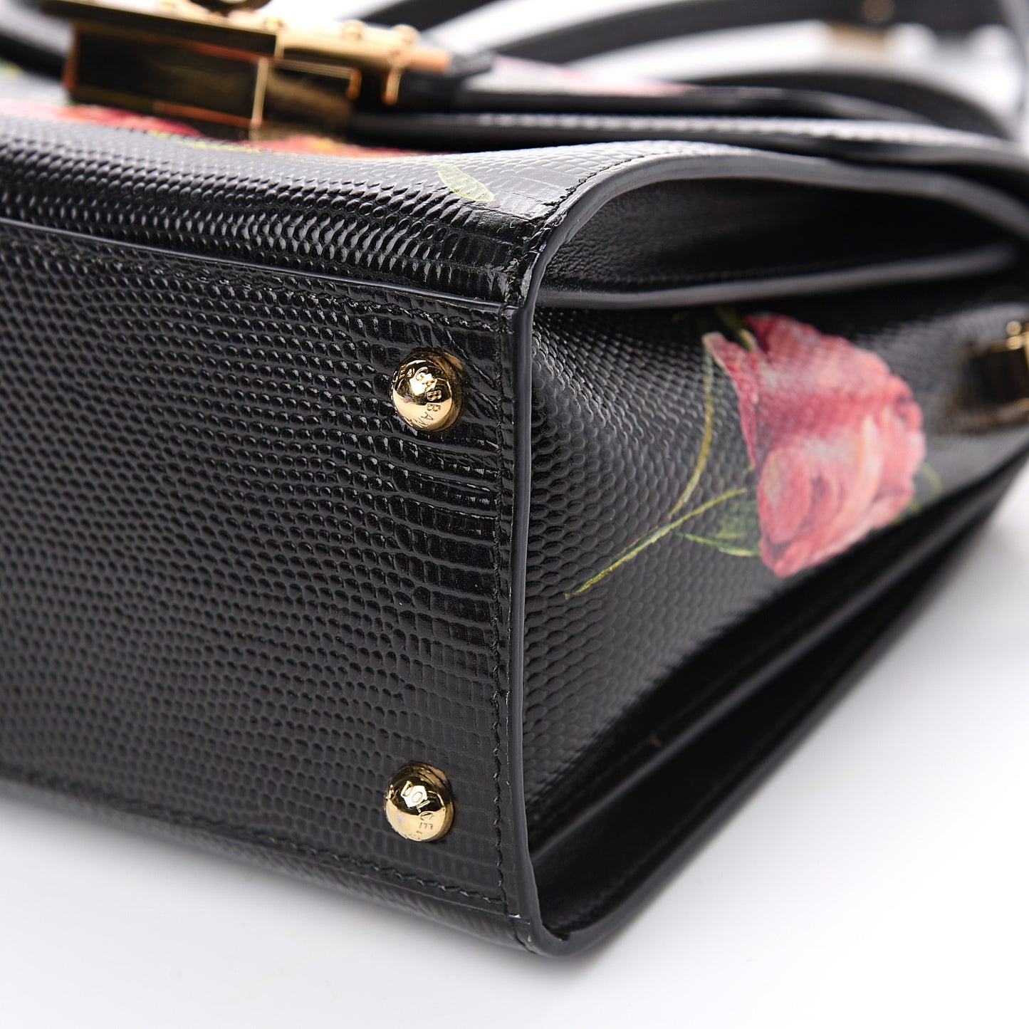 Iguana Calfskin Embossed Tulipani Mini Top Handle Bag Black Rosa