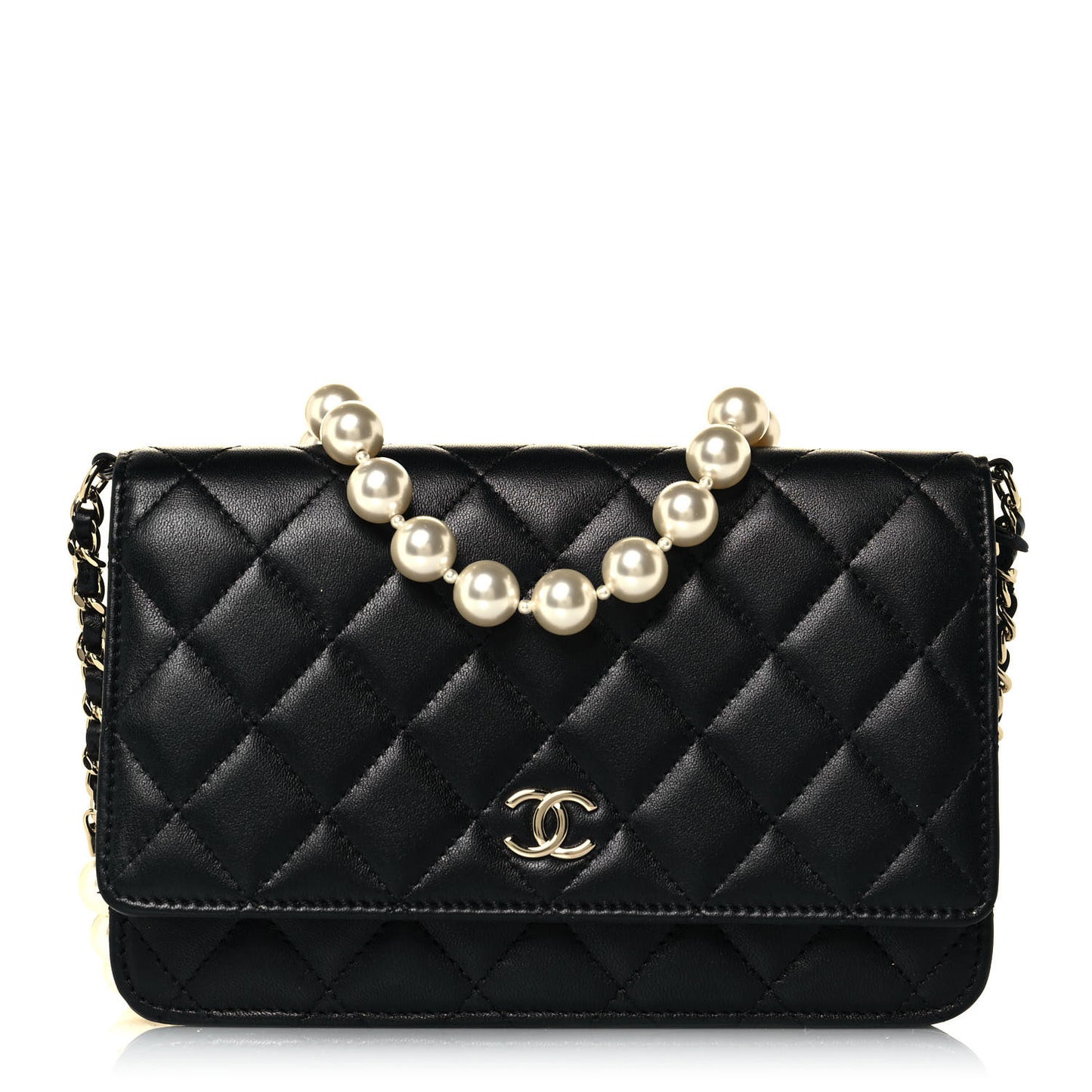 Lambskin Quilted Pearl Wallet On Chain WOC Black