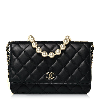 Chanel Lambskin Quilted Pearl Wallet On Chain WOC Black 1 of 15
