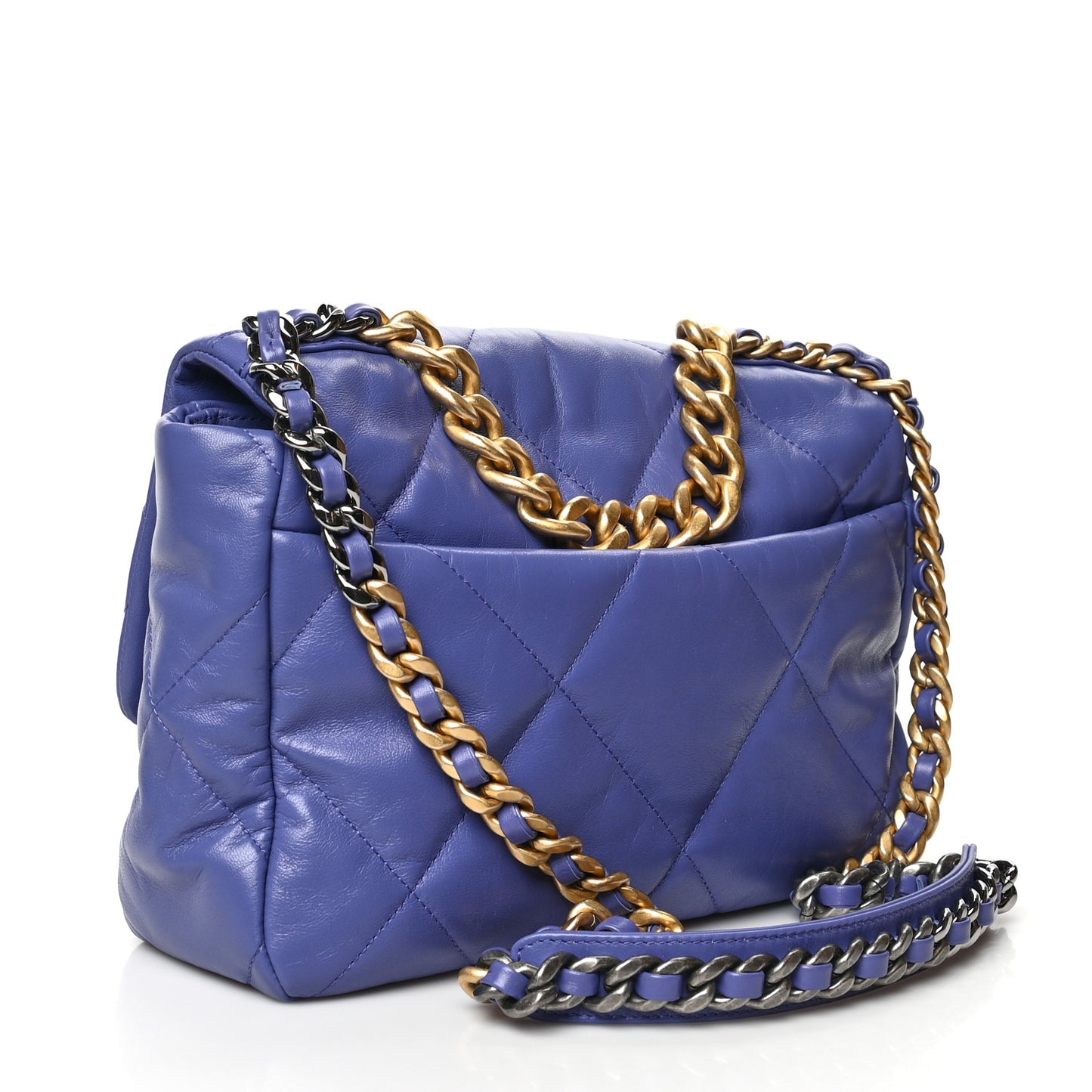Shiny Goatskin Quilted Large Chanel 19 Flap Blue