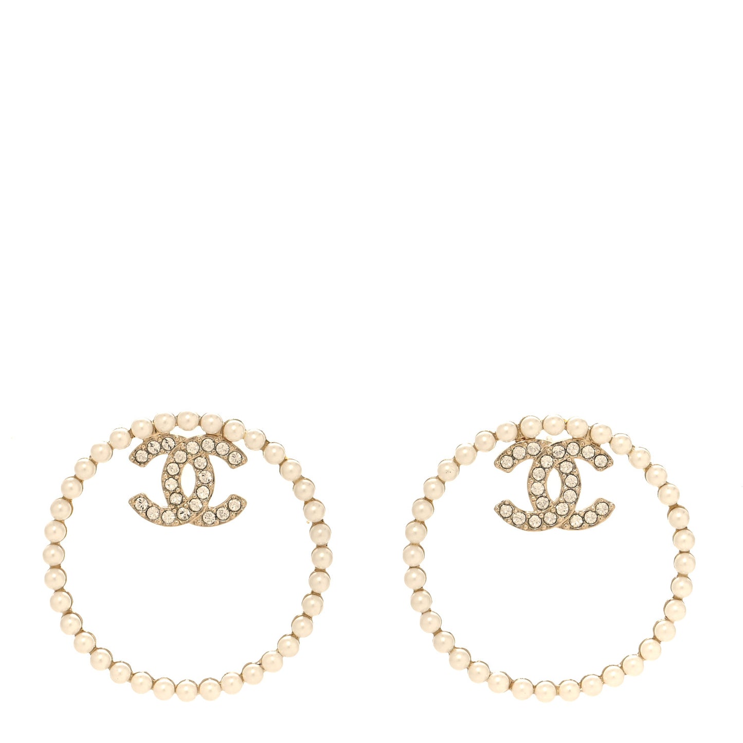 Crystal Pearl CC Door Knocker Hoop Earrings Gold Pearly White