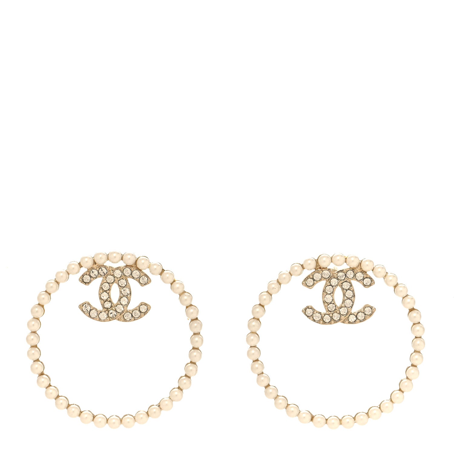 Chanel Crystal Pearl CC Door Knocker Hoop Earrings Gold Pearly White 1 of 4