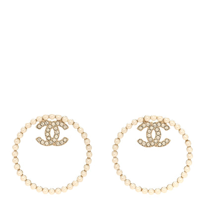 Chanel Crystal Pearl CC Door Knocker Hoop Earrings Gold Pearly White 1 of 4