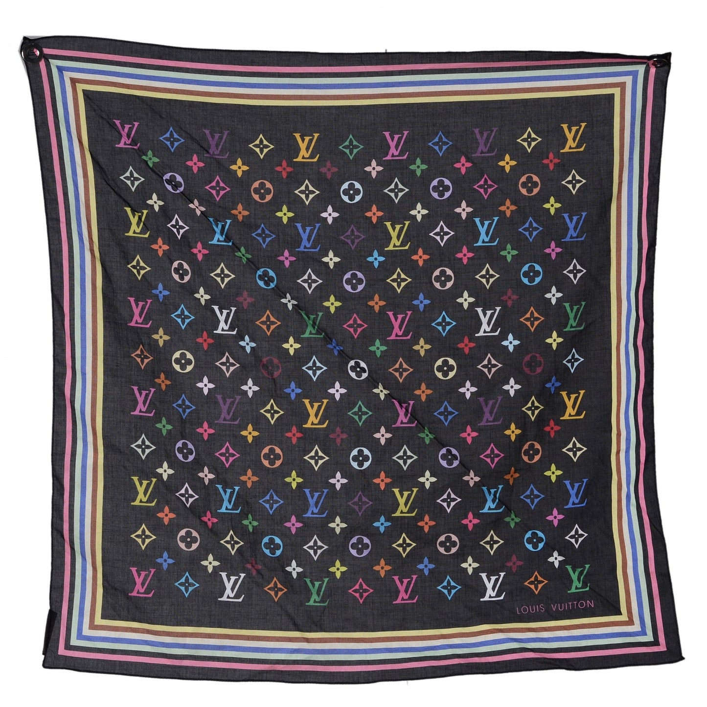 Cotton Monogram Multicolor Square Bandana Scarf Black