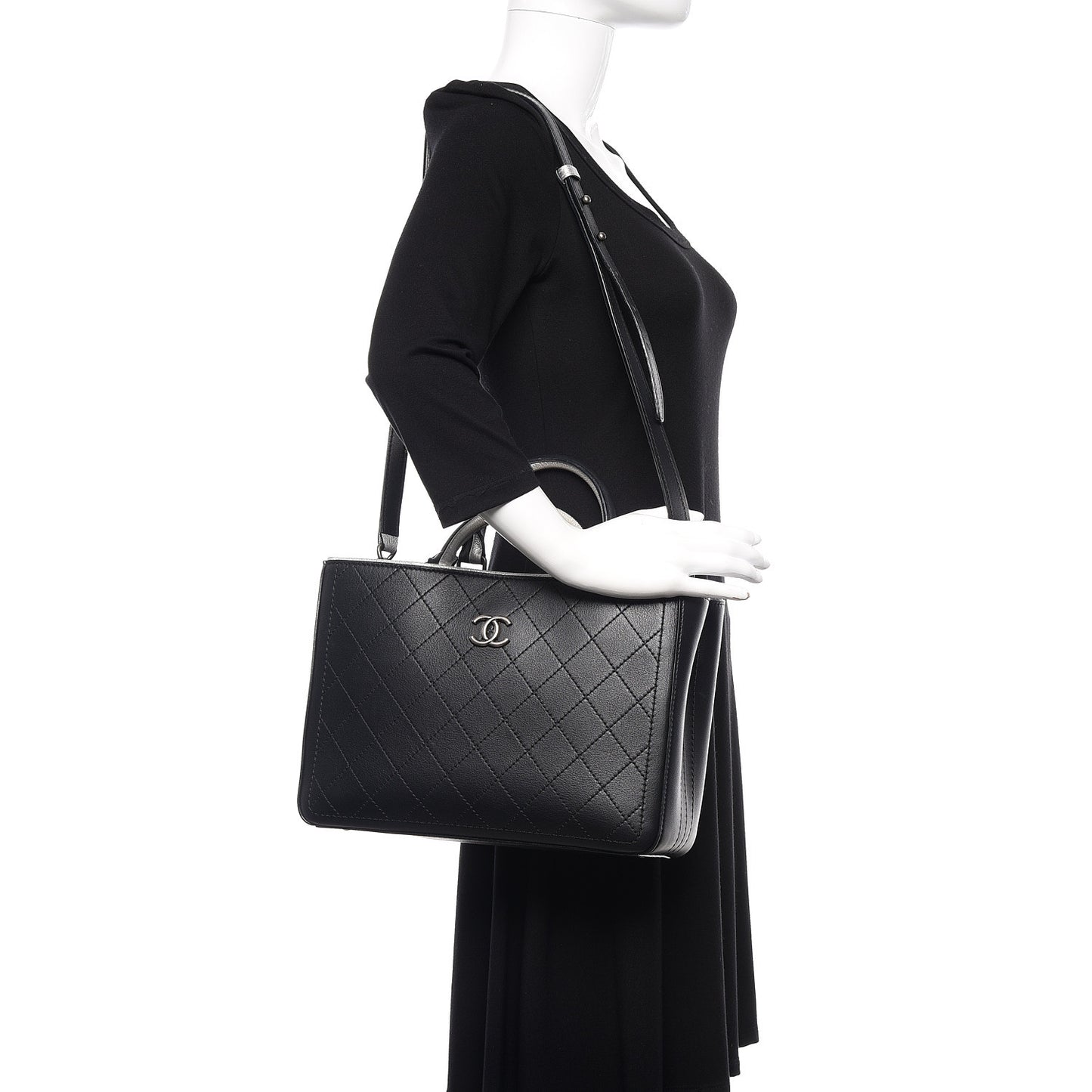Bullskin Stitched Bi-Color Medium Shopping Tote Black Silver