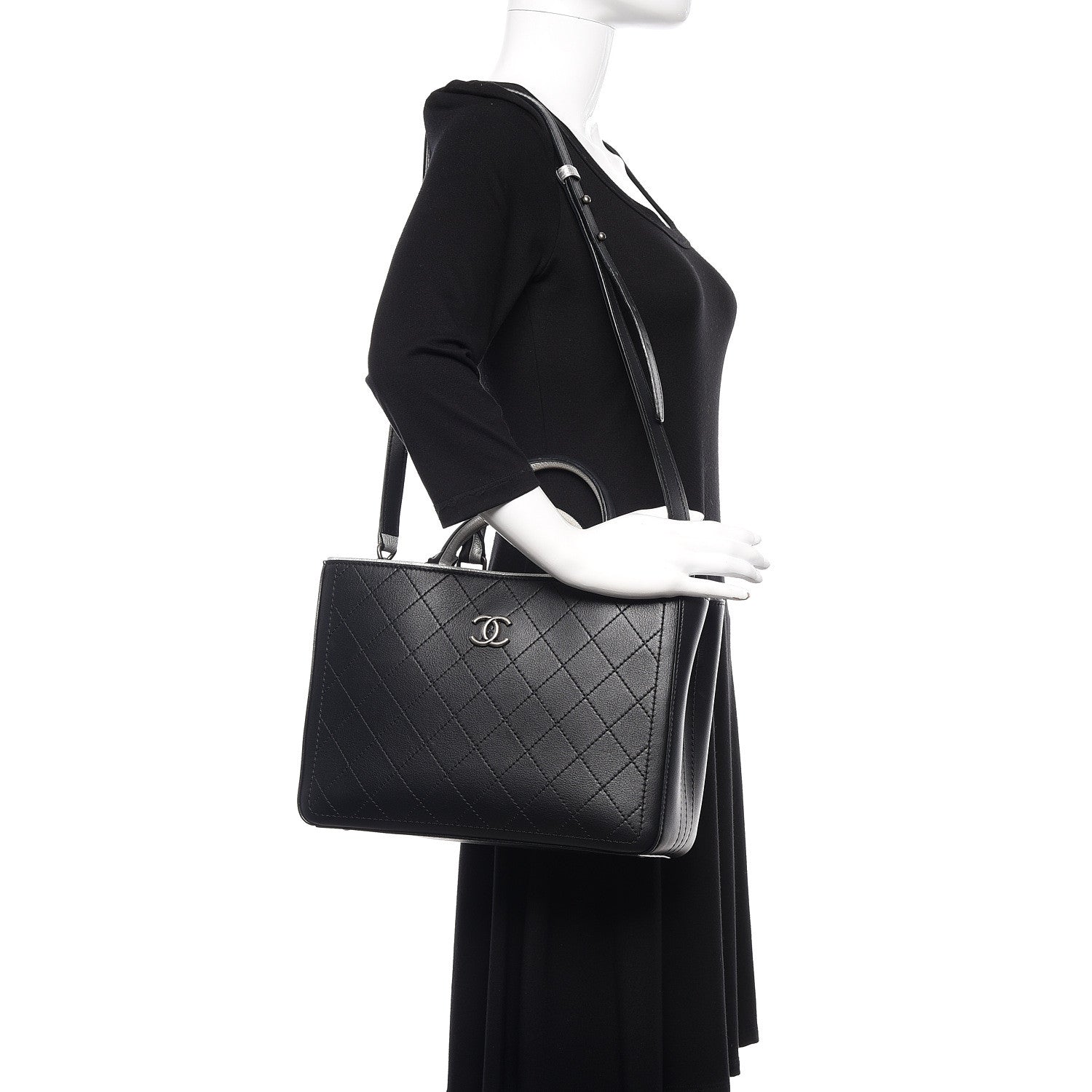 Chanel Bullskin Stitched Bi-Color Medium Shopping Tote Black Silver 2 of 10