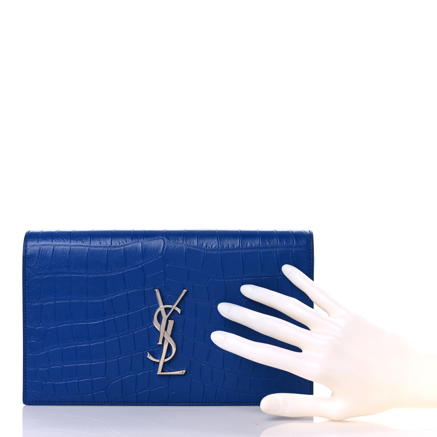 Saint Laurent Calfskin Crocodile Embossed Classic Kate Monogram Clutch Royal Blue 2 of 17