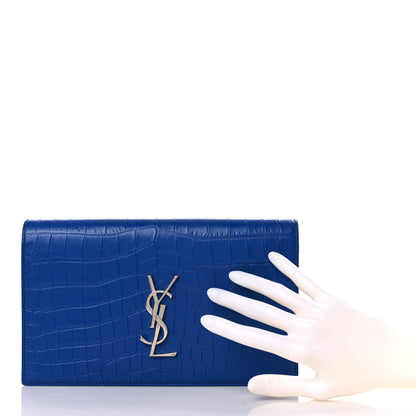 Saint Laurent Calfskin Crocodile Embossed Classic Kate Monogram Clutch Royal Blue 2 of 17