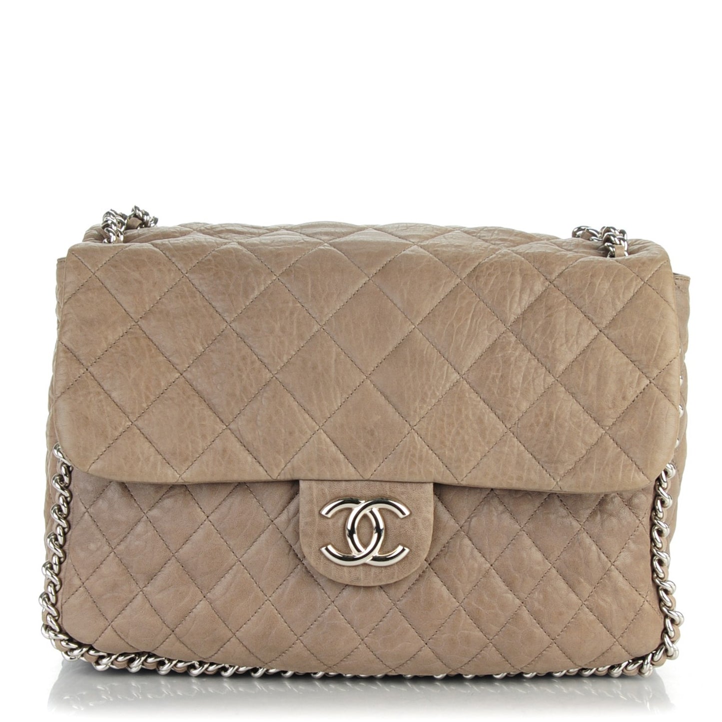 Washed Lambskin Quilted Chain Around Maxi Flap Taupe