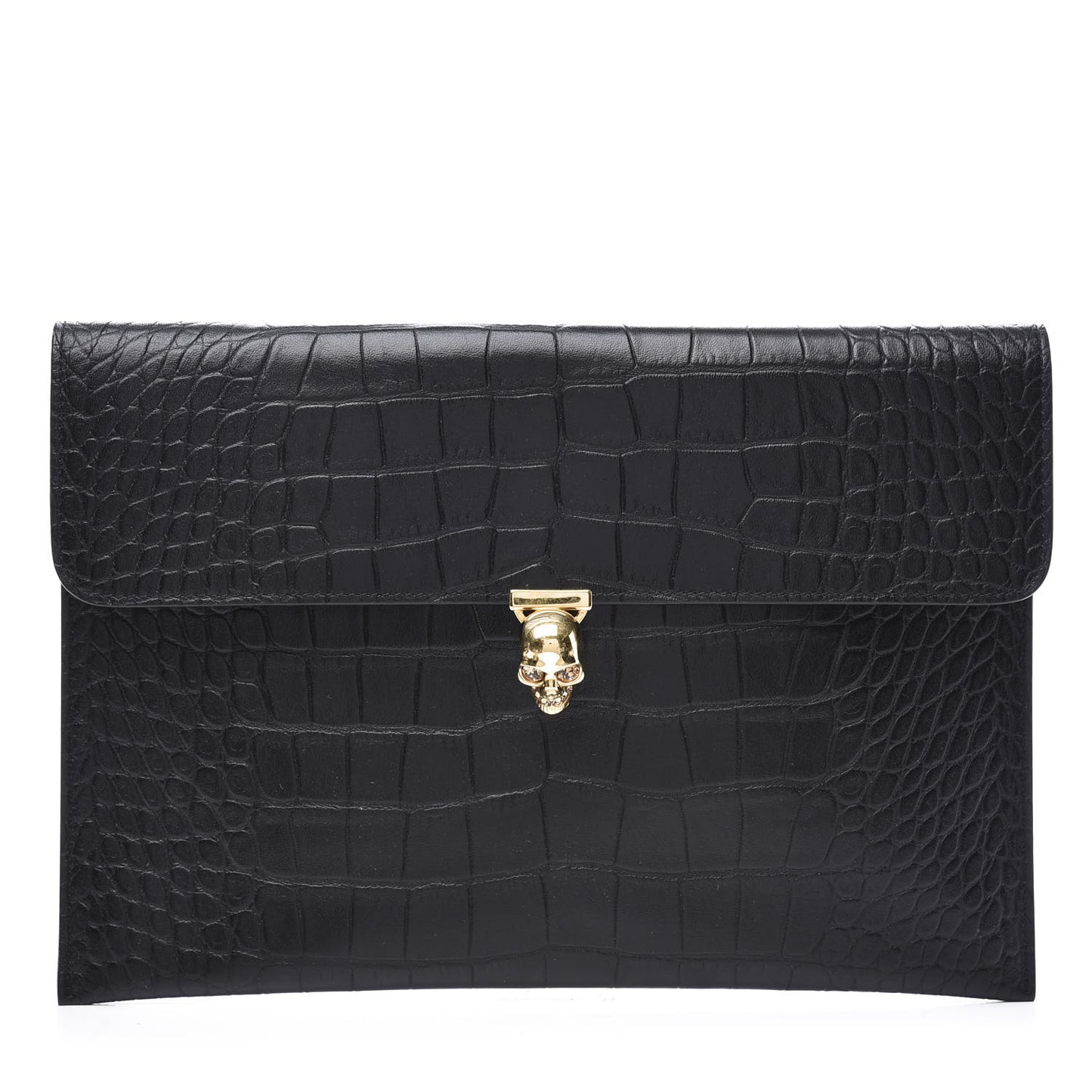 Calfskin Crocodile Embossed Skull Envelope Clutch Black
