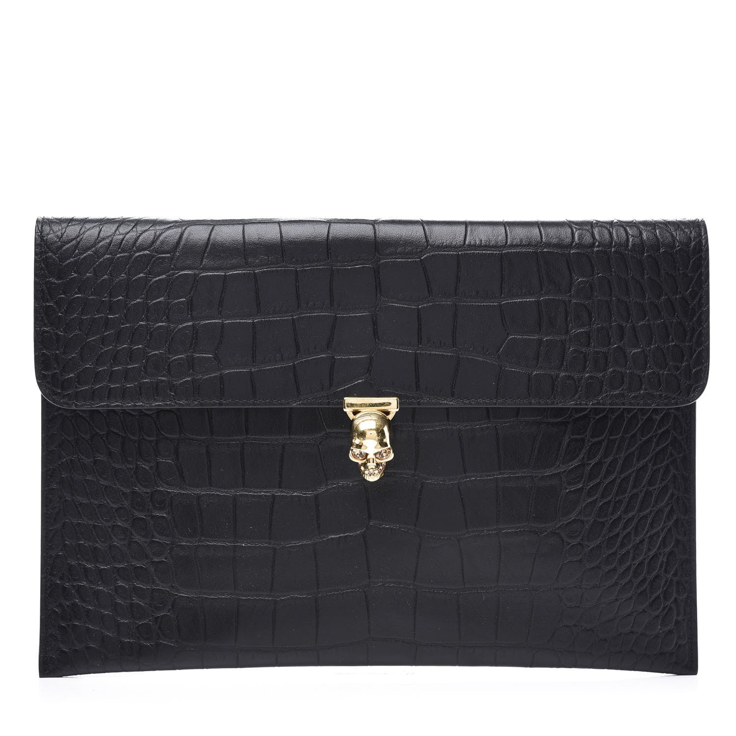Alexander McQueen Calfskin Crocodile Embossed Skull Envelope Clutch Black 1 of 8