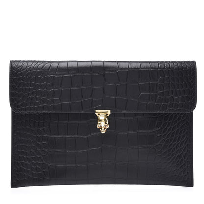 Alexander McQueen Calfskin Crocodile Embossed Skull Envelope Clutch Black 1 of 8