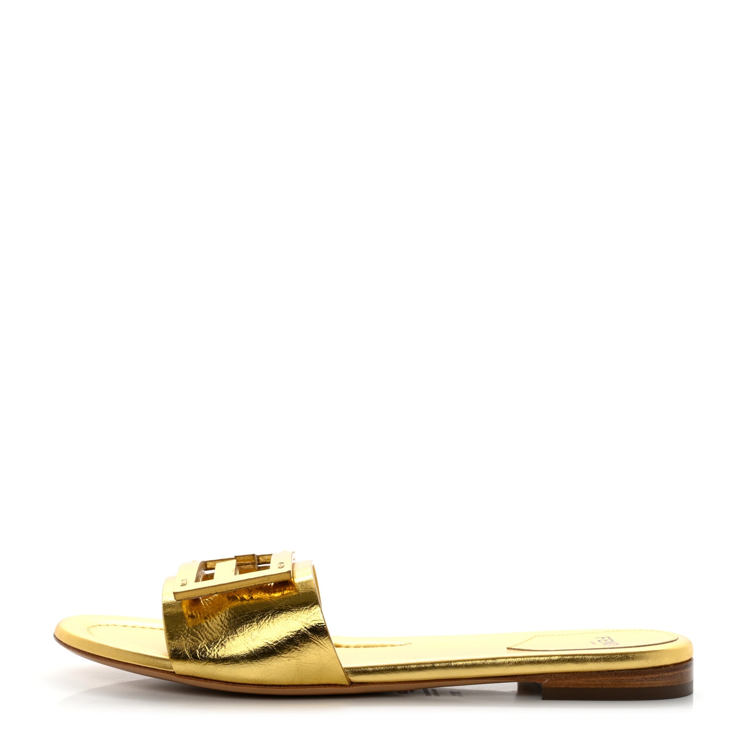 Fendi Nappa Laminata Cuoio Baguette Flat Slide Sandals 38.5 Gold 1 of 8