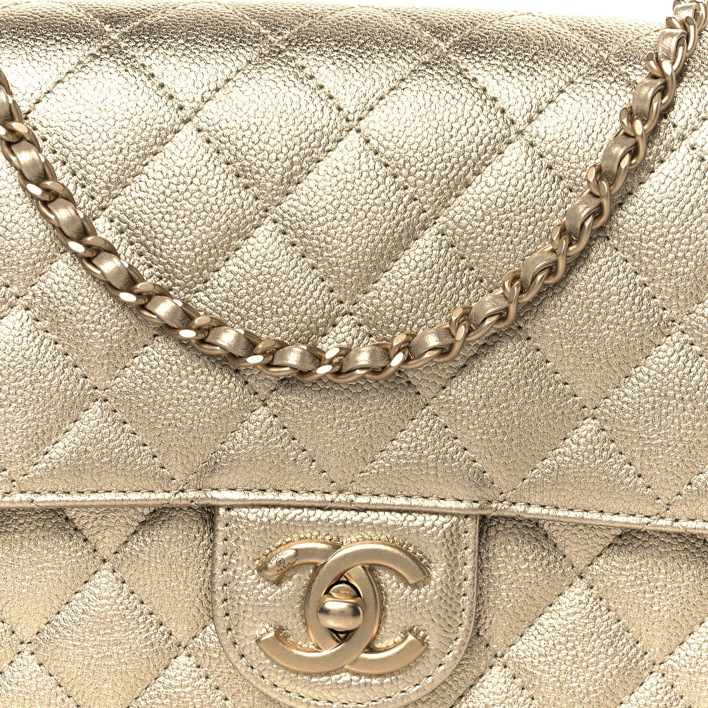 Metallic Caviar Quilted Medium CC Slide Flap Light Gold