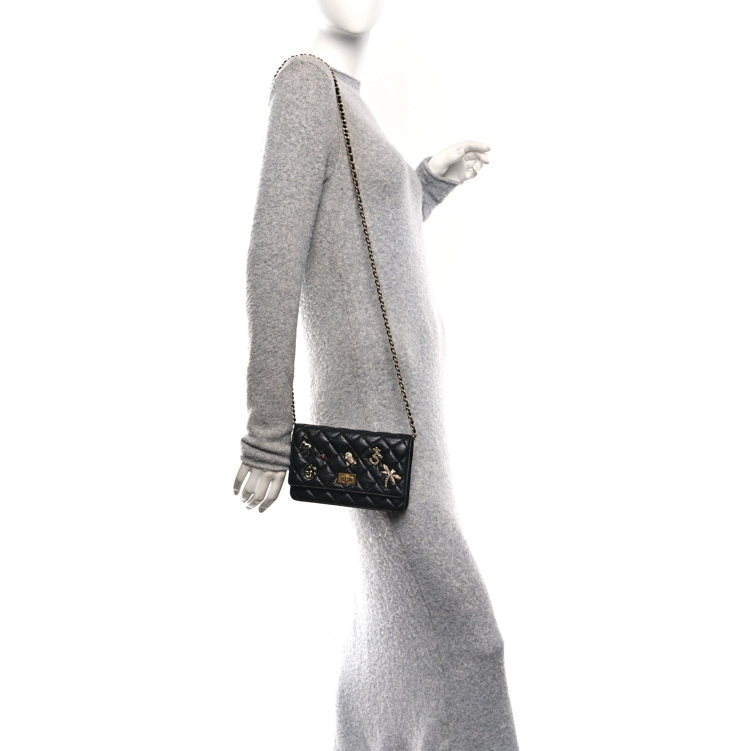 Chanel Aged Calfskin Lucky Charms 2.55 Reissue Wallet on Chain WOC Black 2 of 12