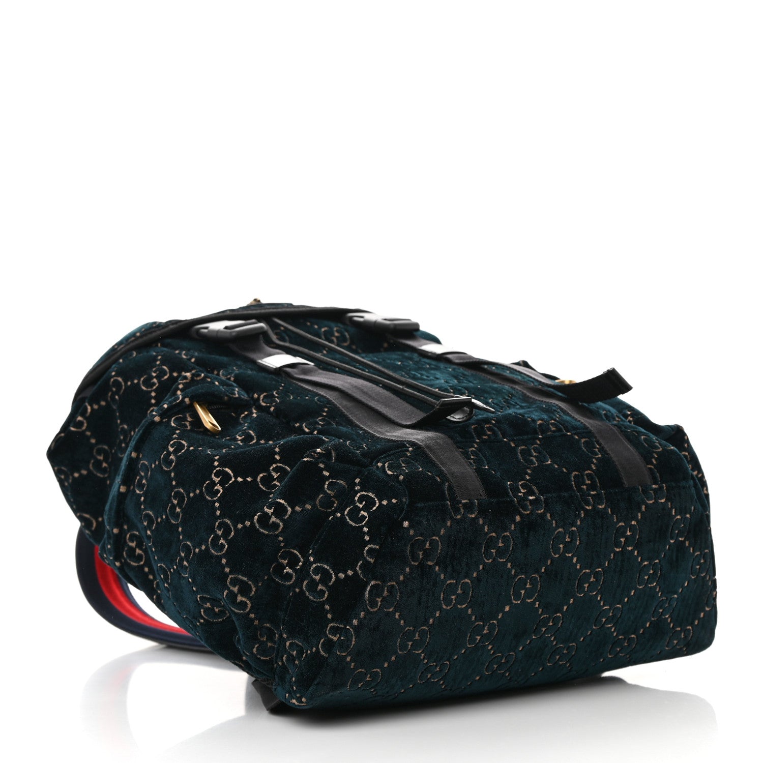 Gucci Velvet GG Monogram Web Medium Double Buckle Backpack Blue Beige Black 4 of 16