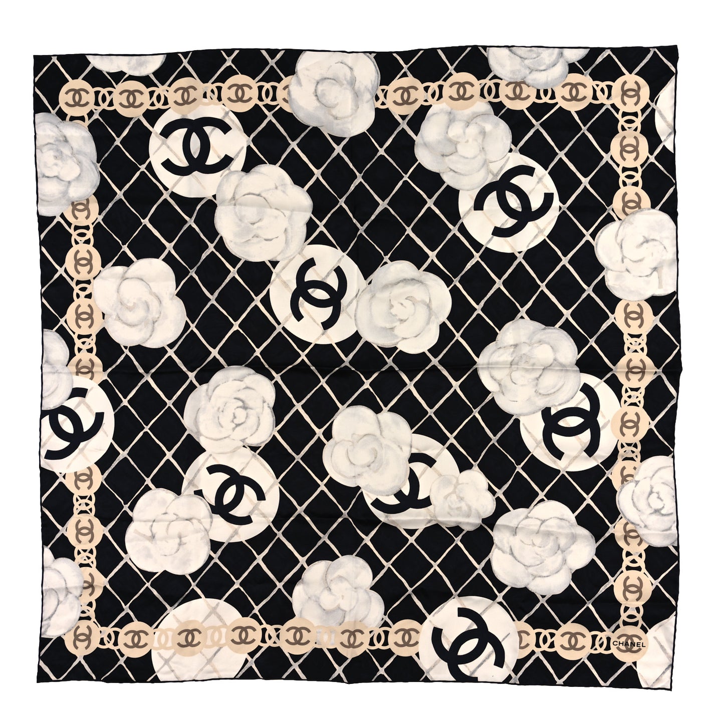 Silk Camellia CC Square Scarf Black