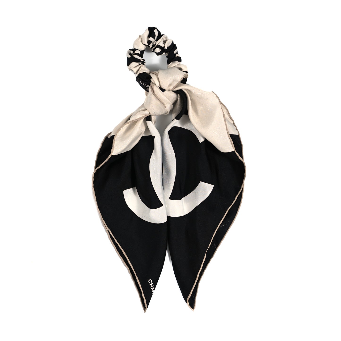 Silk Twill CC Square Scarf Hair Tie White Black