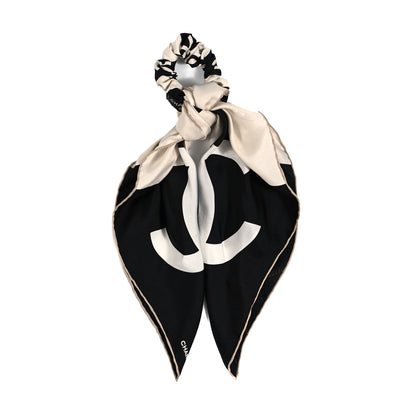 Chanel Silk Twill CC Square Scarf Hair Tie White Black 1 of 5