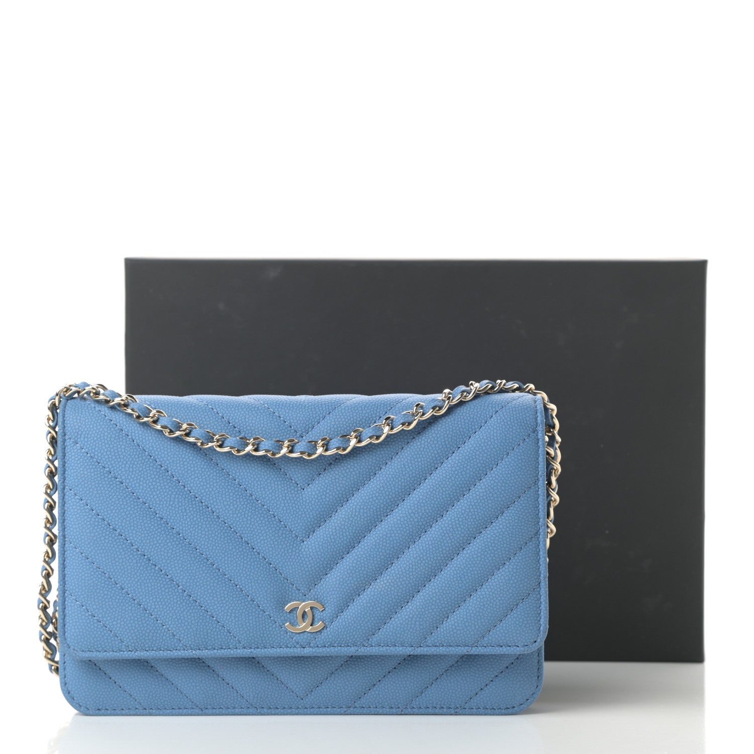 Chanel Caviar Chevron Quilted Wallet On Chain WOC Blue 14 of 14