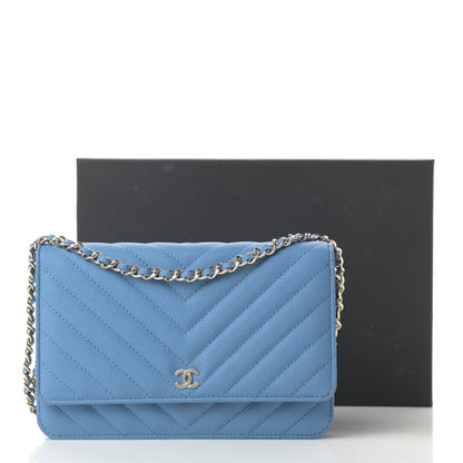 Chanel Caviar Chevron Quilted Wallet On Chain WOC Blue 14 of 14