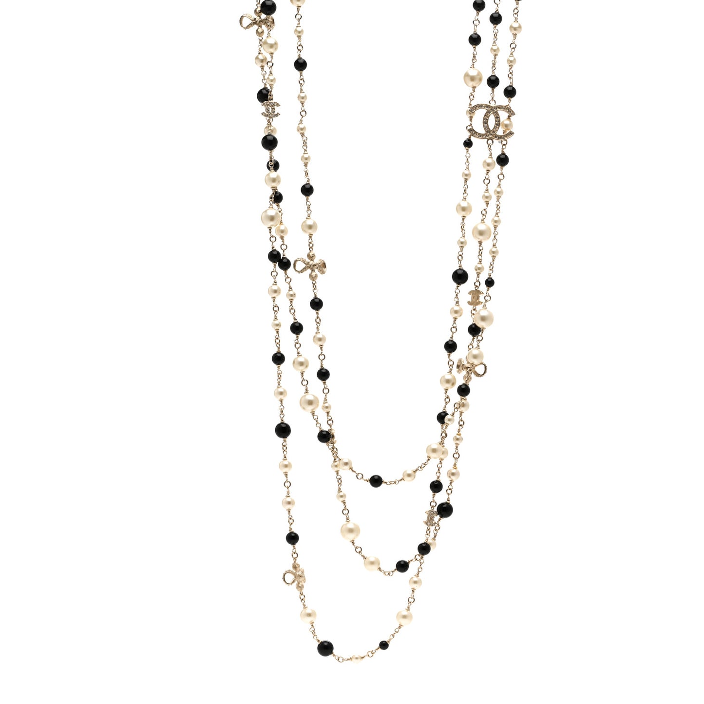 Pearl Bead Crystal CC Multi Strand Long Necklace Light Gold Black