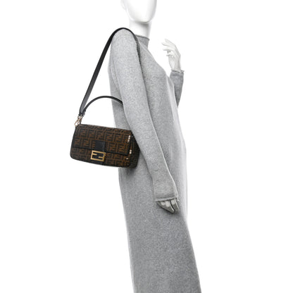 Fendi Fabric Jacquard Paillettes Vitello Seta FF 1974 Baguette Testa di Moro Real Ebano 2 of 12