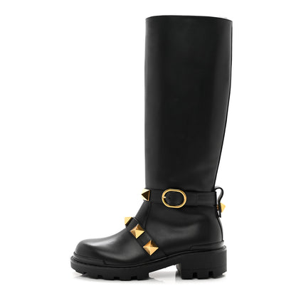 Valentino Garavani Calfskin Roman Stud Knee High Boots 36 Black 1 of 9