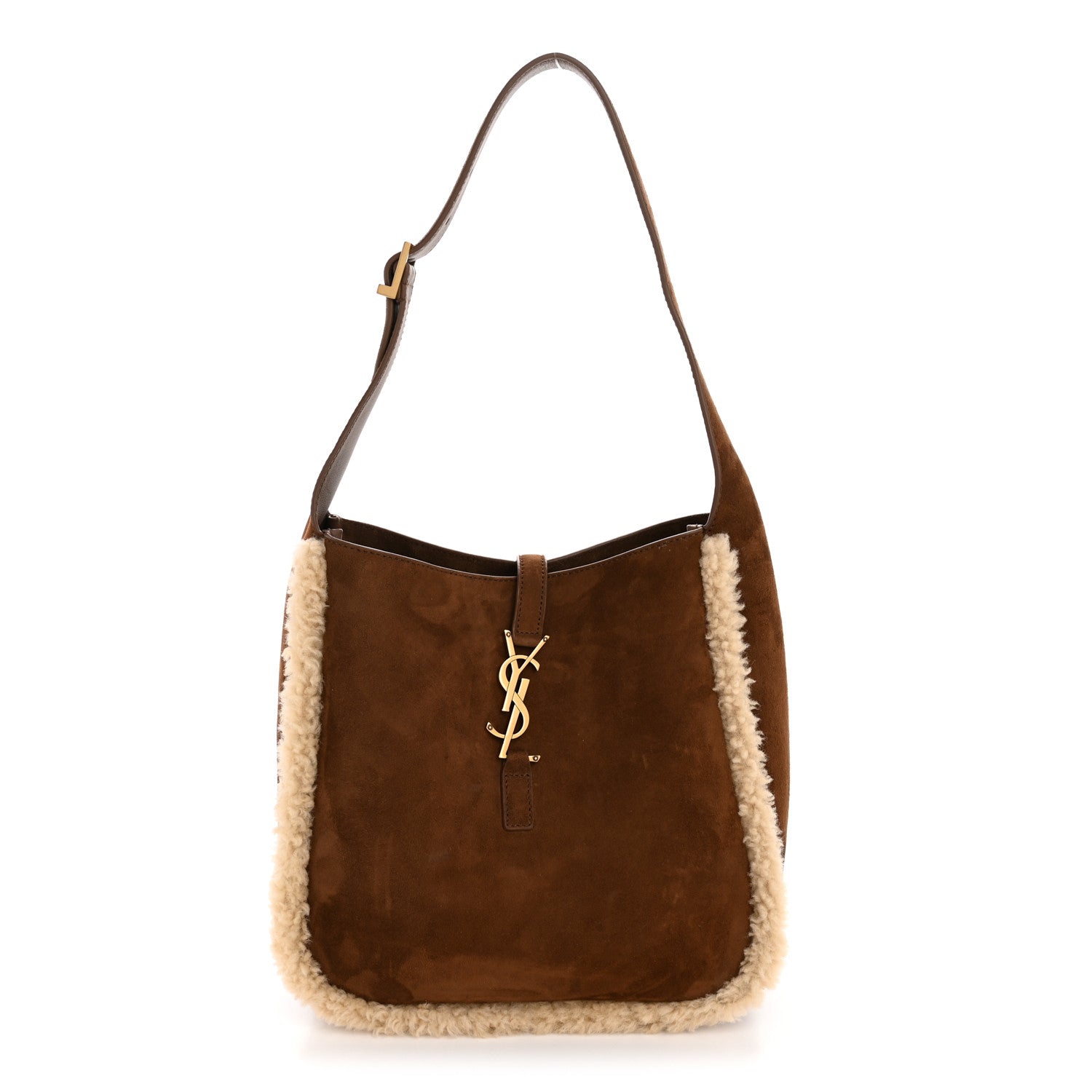 Saint Laurent Suede Shearling Small Le 5 A 7 Soft Hobo  Dark Sigaro Natural Beige 1 of 11