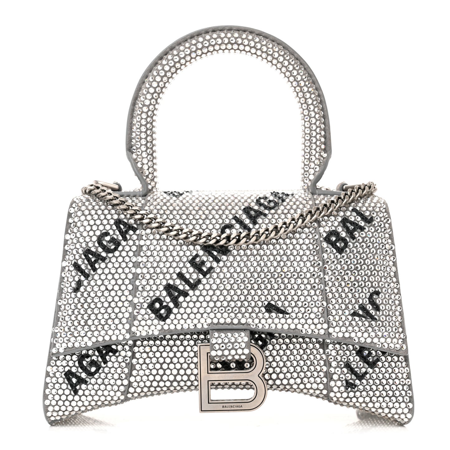 Strass Suede Allover Logo Hourglass Top Handle Bag XS with Chain Silver Black