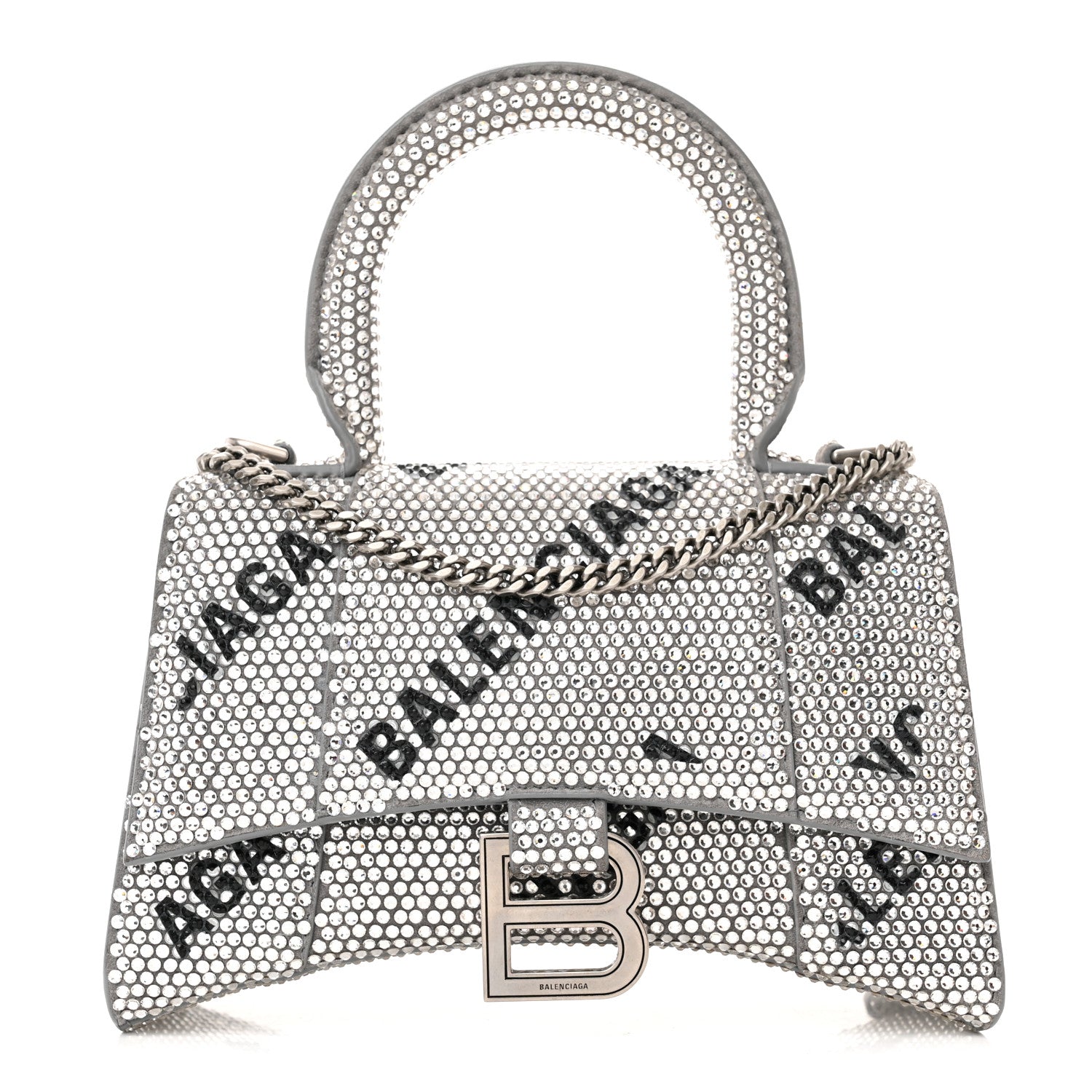Balenciaga Strass Suede Allover Logo Hourglass Top Handle Bag XS with Chain Silver Black 1 of 12