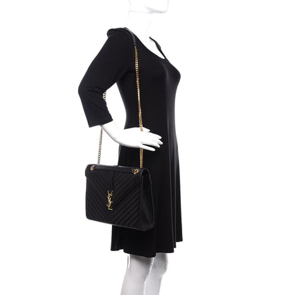 Saint Laurent Grain De Poudre Matelasse Chevron Large Monogram Satchel Black 2 of 11