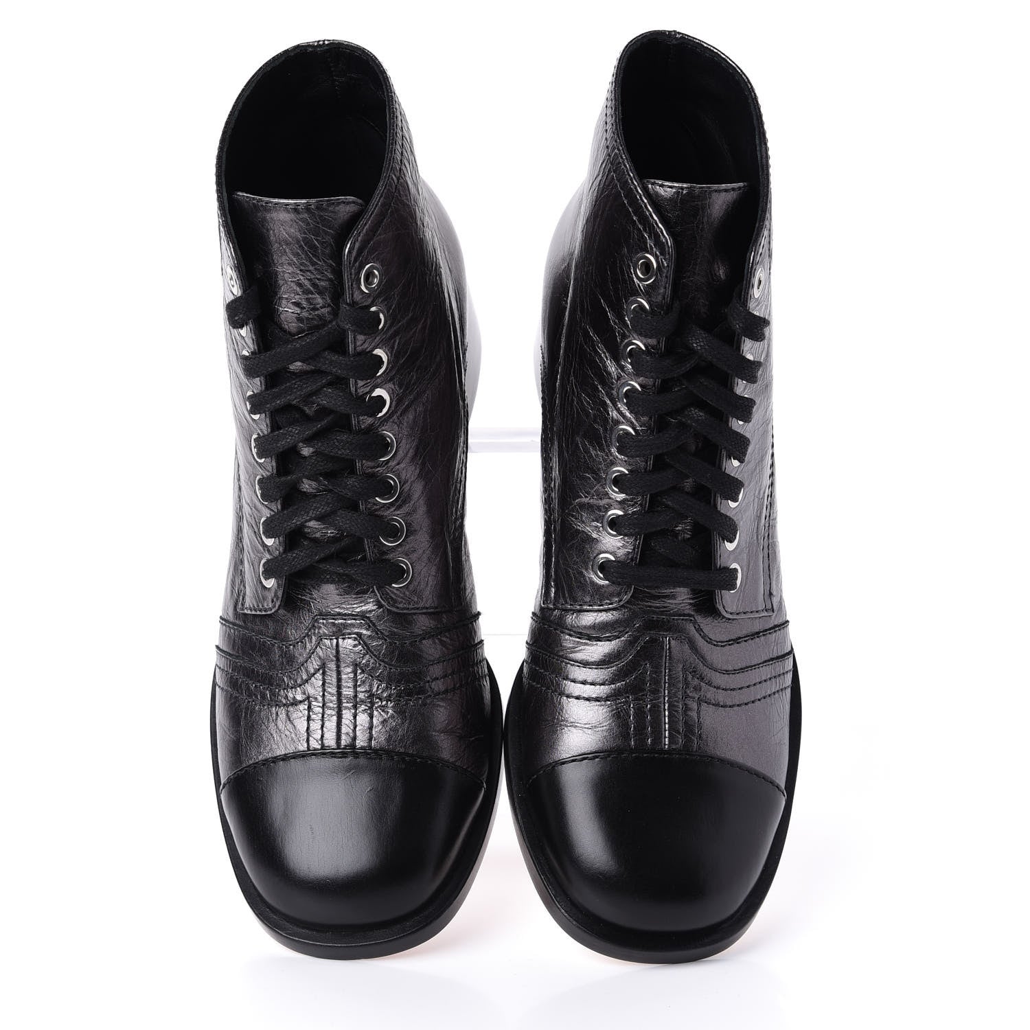 Chanel Metallic Calfskin CC Lace Up Boots 38.5 Silver Black 5 of 12