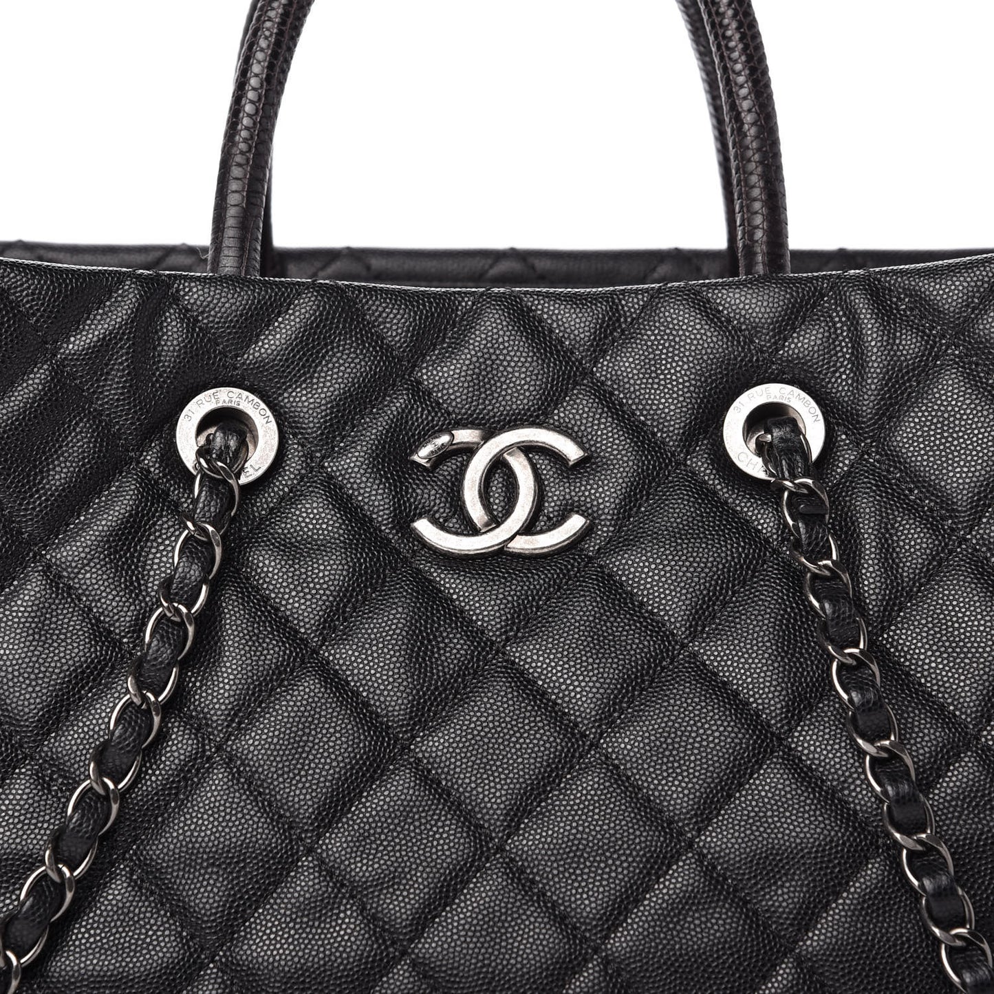 Caviar Lizard Quilted Large Coco Handle Shopping Tote Black