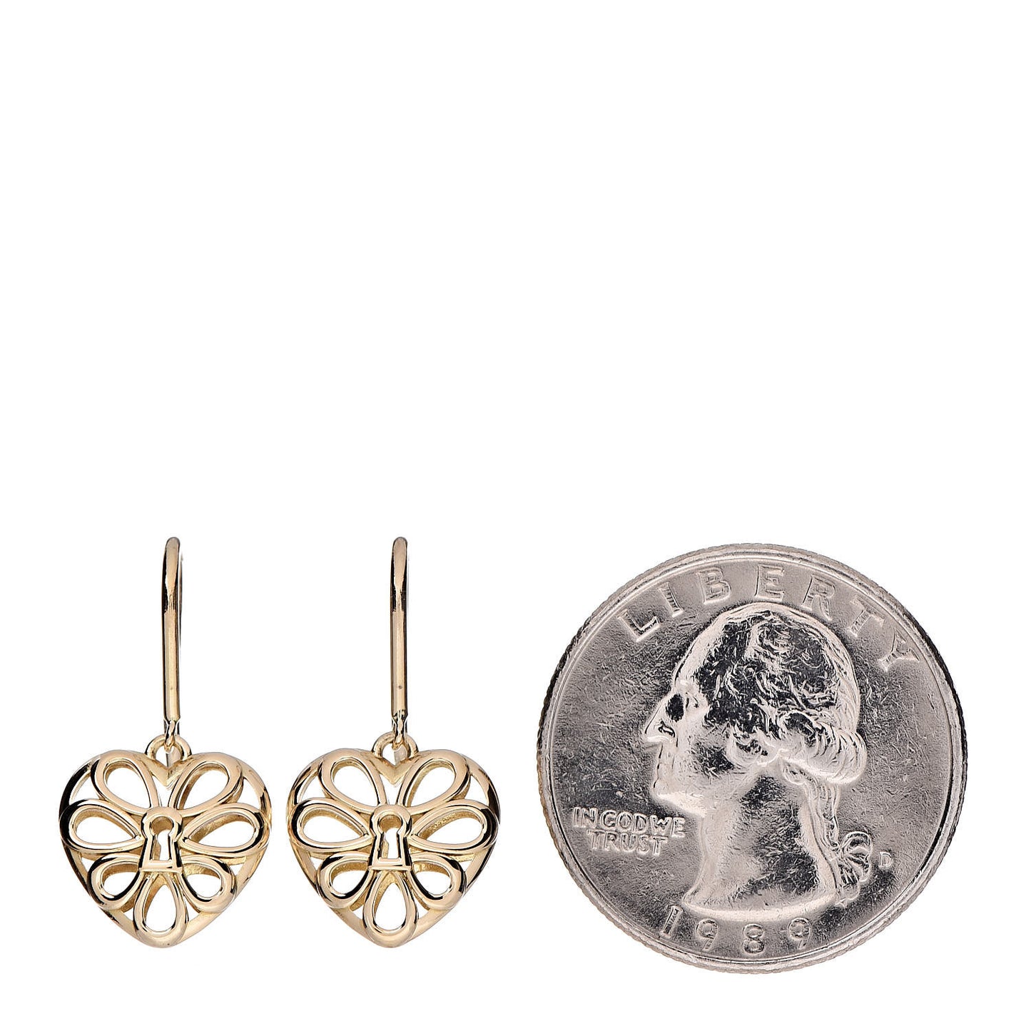 18K Yellow Gold Filigree Heart Lock Drop Earrings