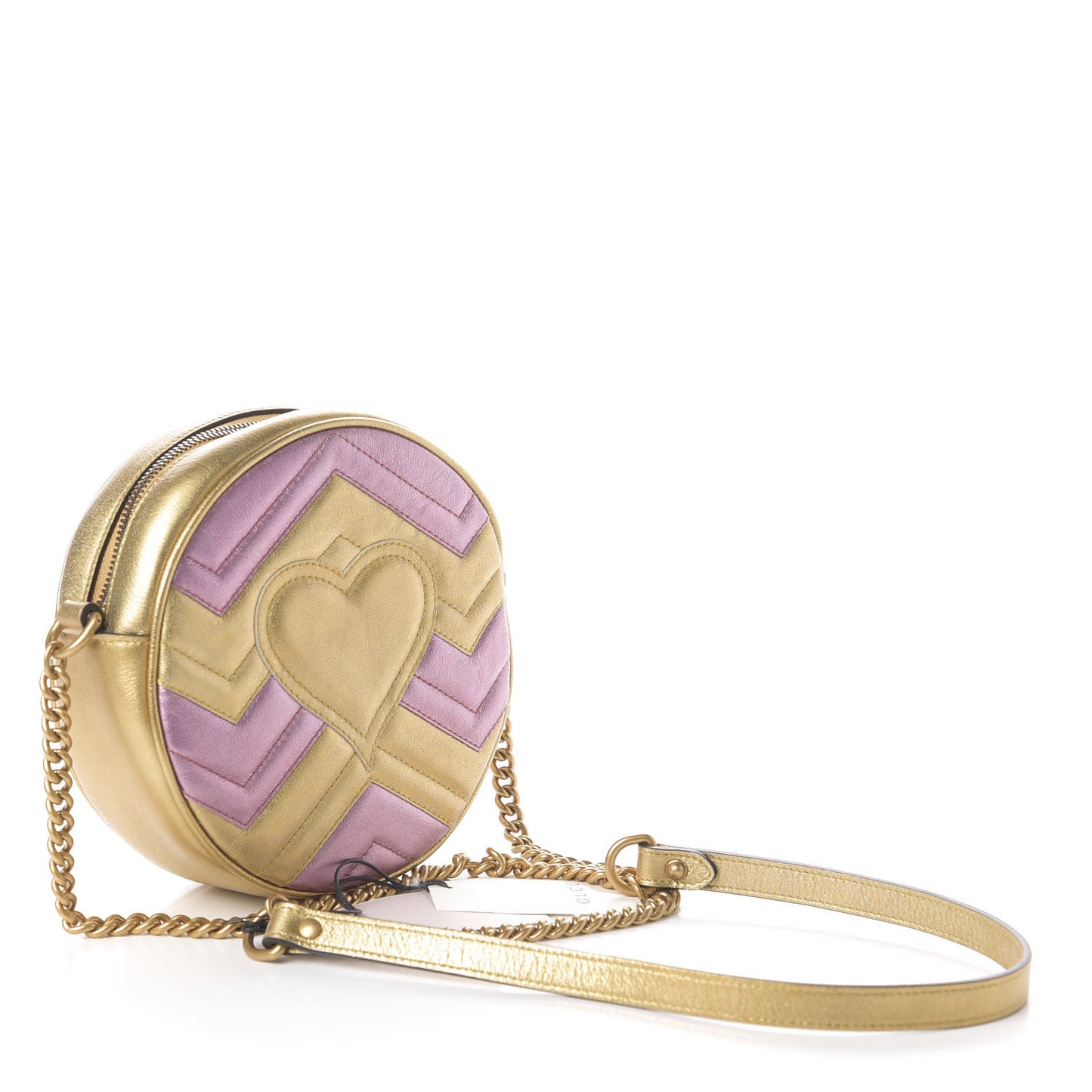 Metallic Nappa Matelasse Heart Mini GG Marmont Round Shoulder Bag Oro Vecchio Rosa