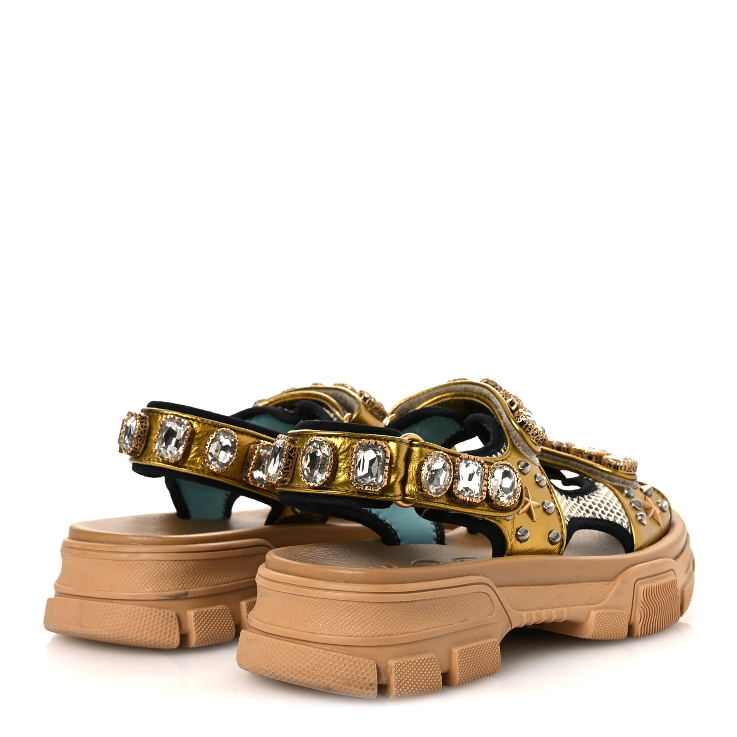 Silk Calfskin Mesh Crystal Embellished Studded Womens Aguru Sandals 38.5 Gold