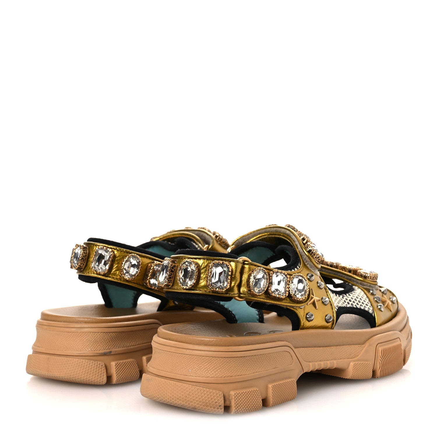 Gucci Silk Calfskin Mesh Crystal Embellished Studded Womens Aguru Sandals 38.5 Gold 5 of 12