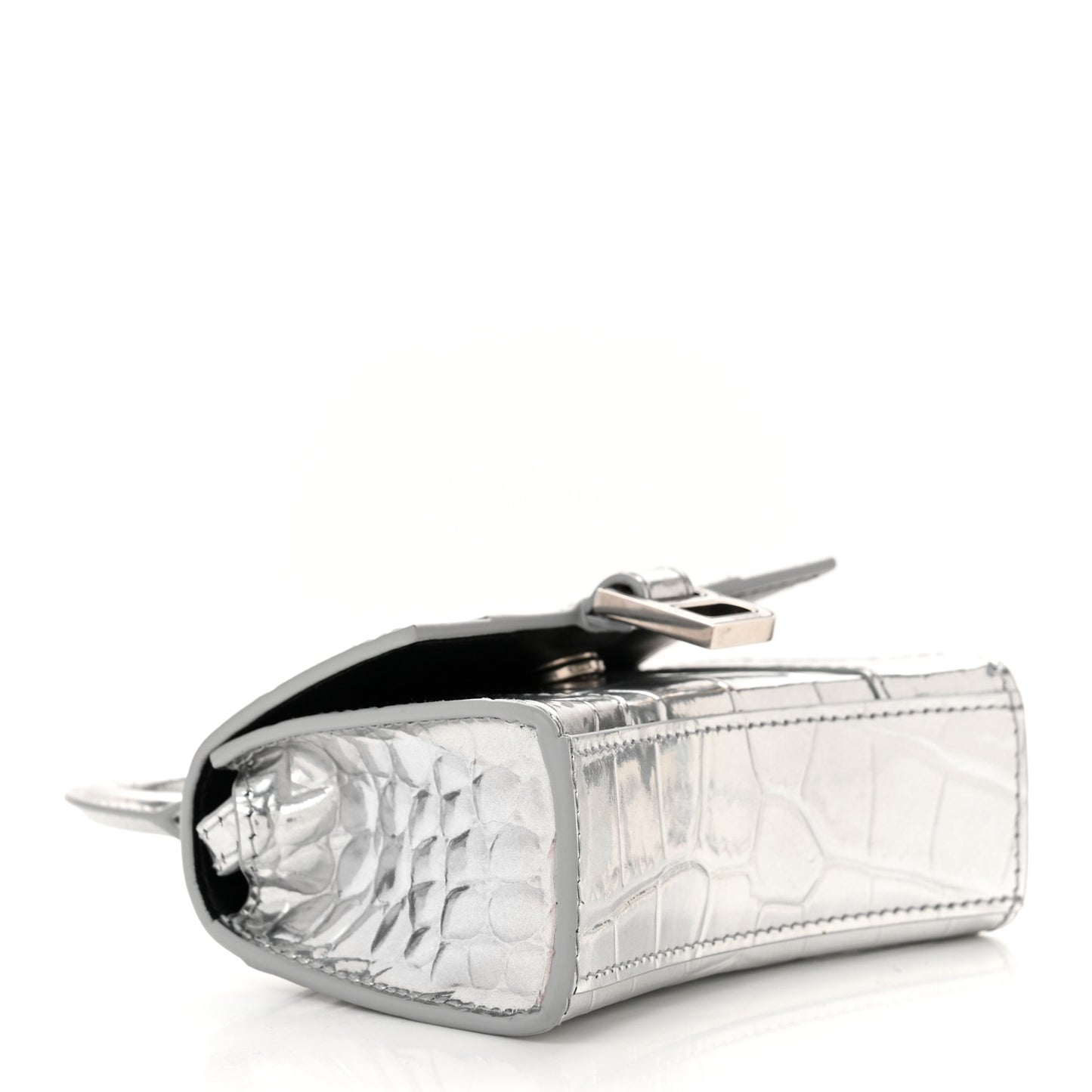 Metallic Calfskin Crocodile Embossed Hourglass Top Handle Bag Mini Silver