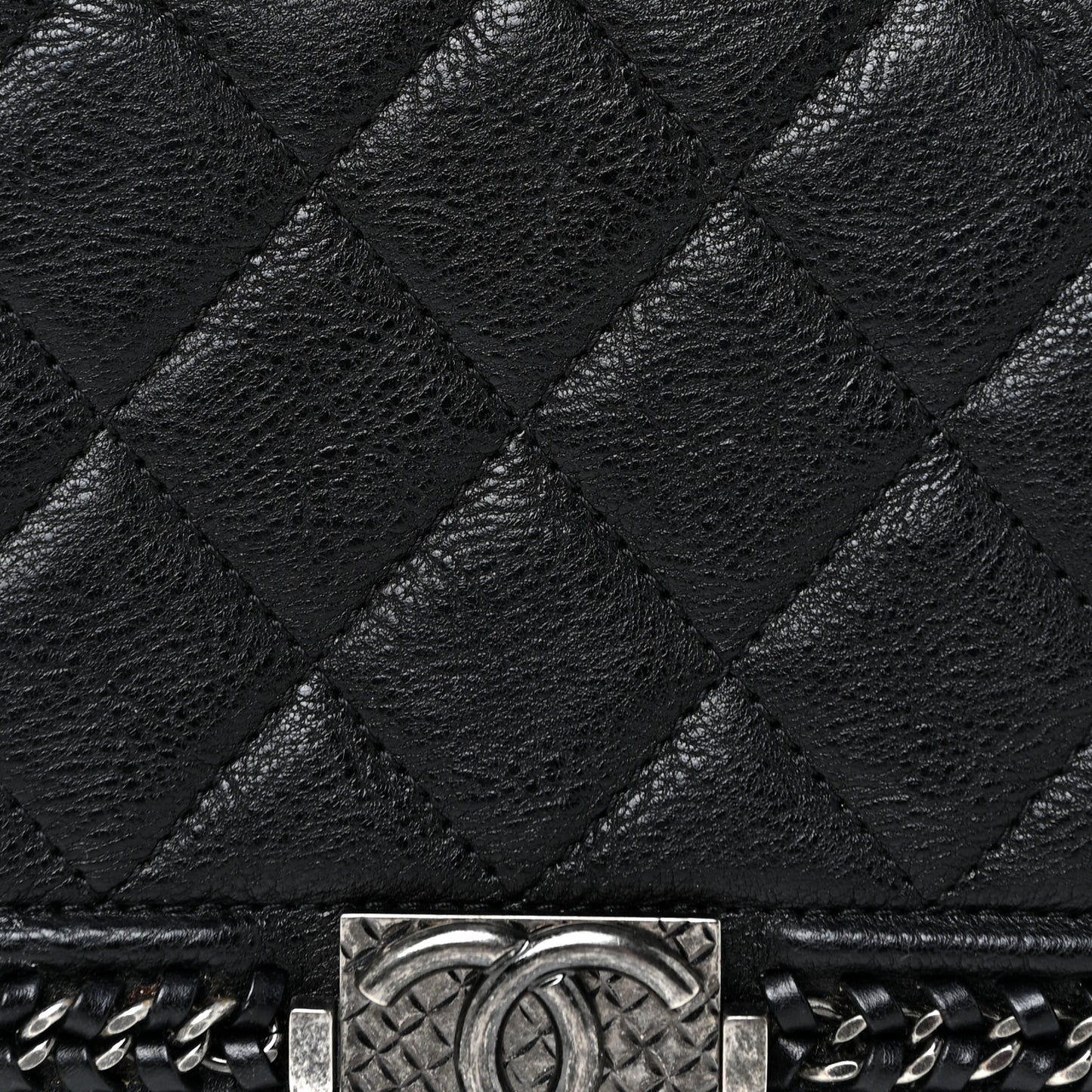 Calfskin Quilted Boy Chain Large Gusset Zip Around Wallet Black