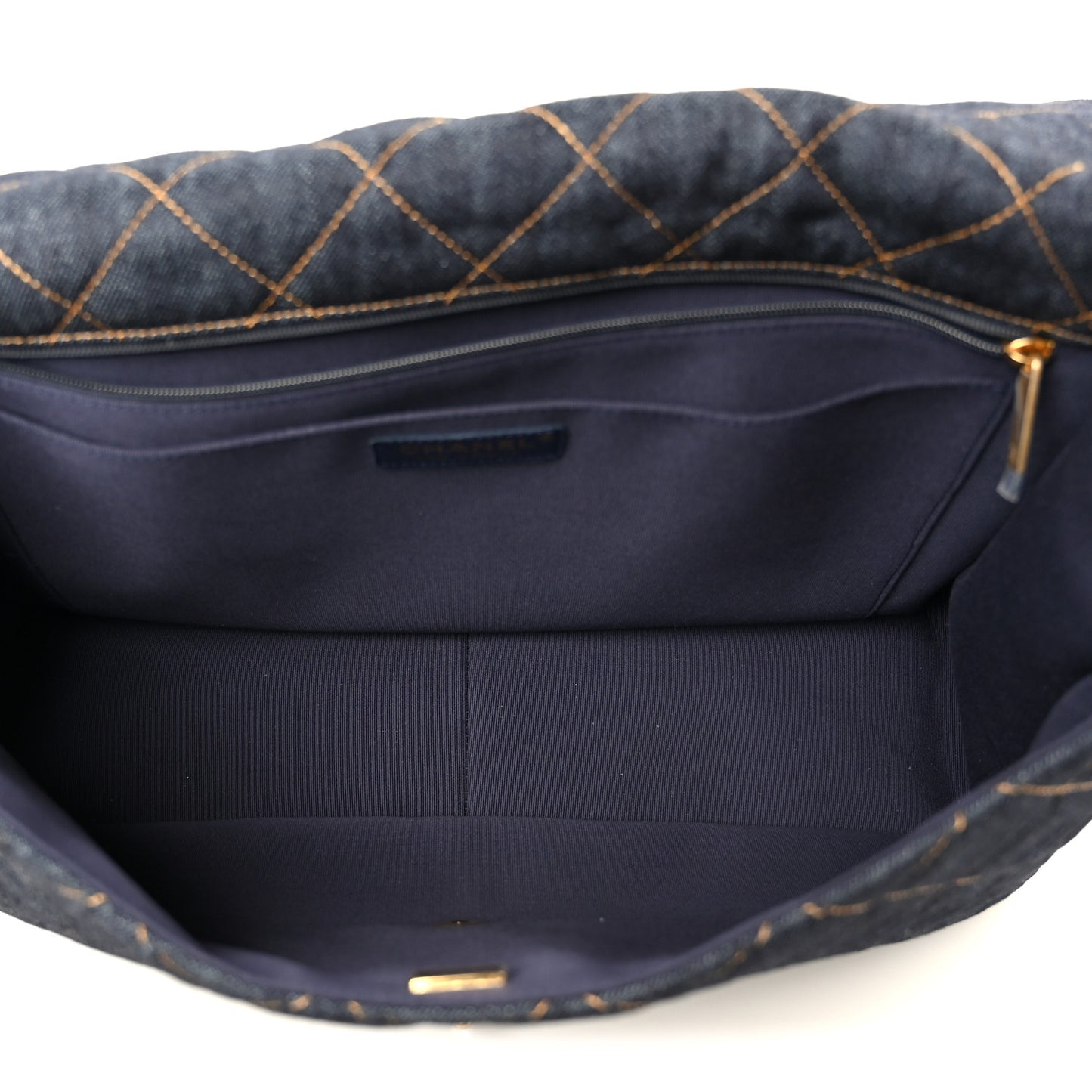 Denim Quilted XXL Travel Flap Bag Dark Blue Orange