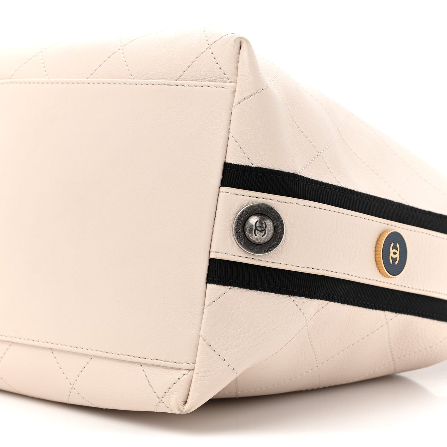 Calfskin Stitched Large Button Up Hobo Ivory Black