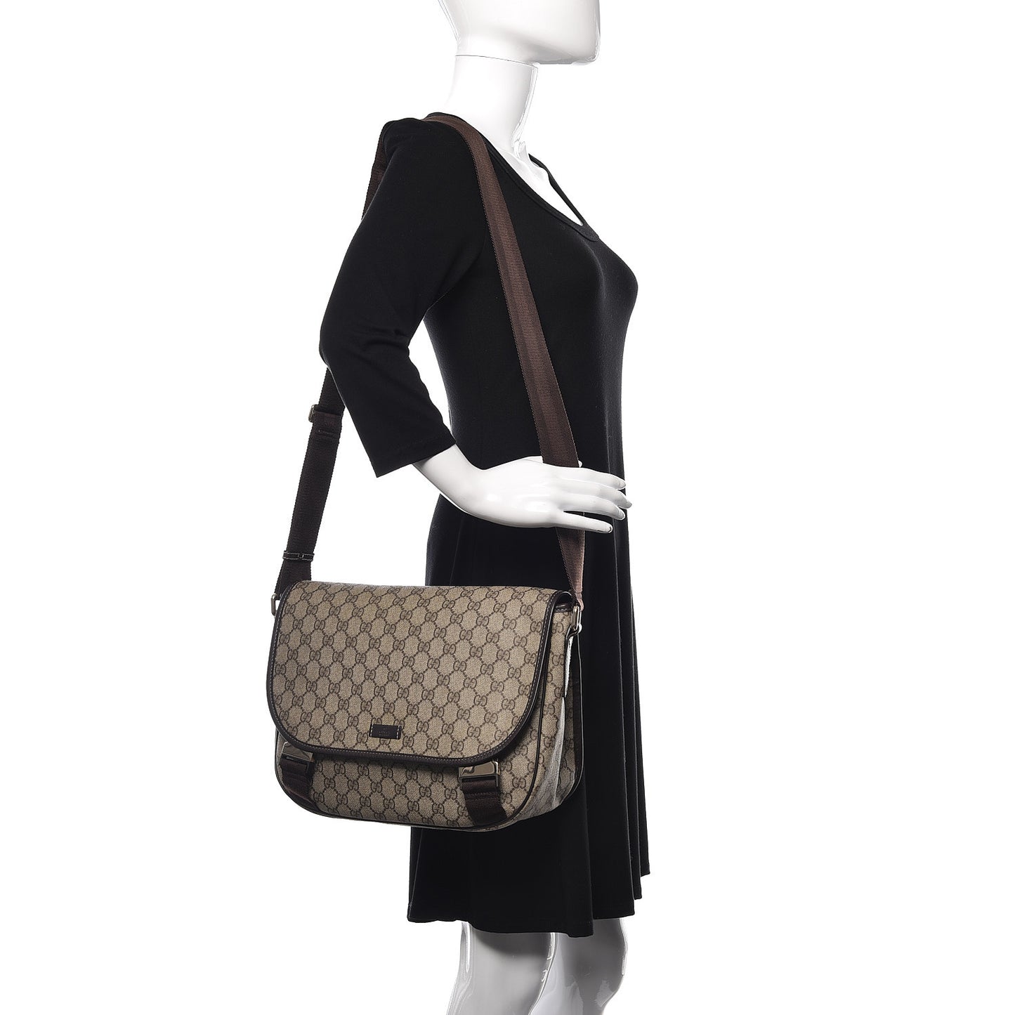 GG Plus Monogram Medium Double Buckle Flap Messenger Bag Beige Dark Brown