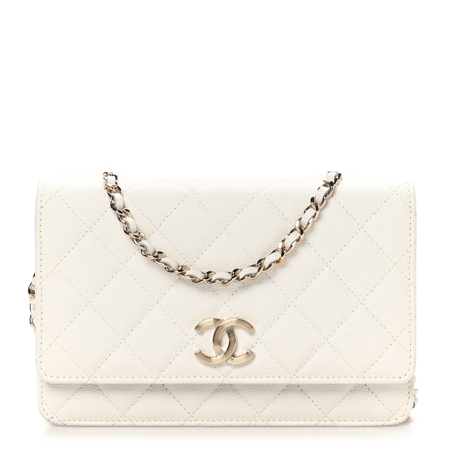 Caviar Quilted Striated CC Wallet on Chain WOC White