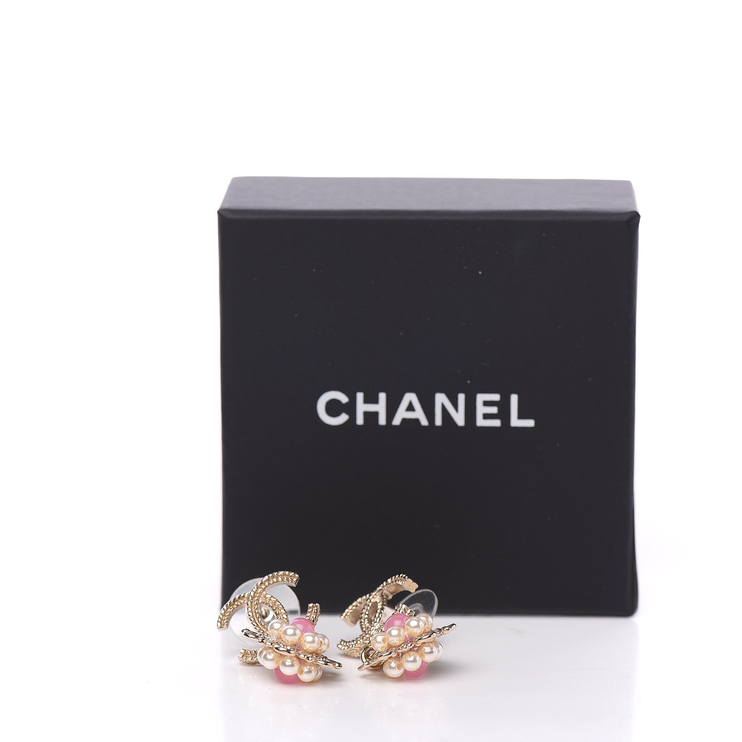 Chanel Pearl Resin CC Flower Drop Earrings Pink Gold 5 of 5