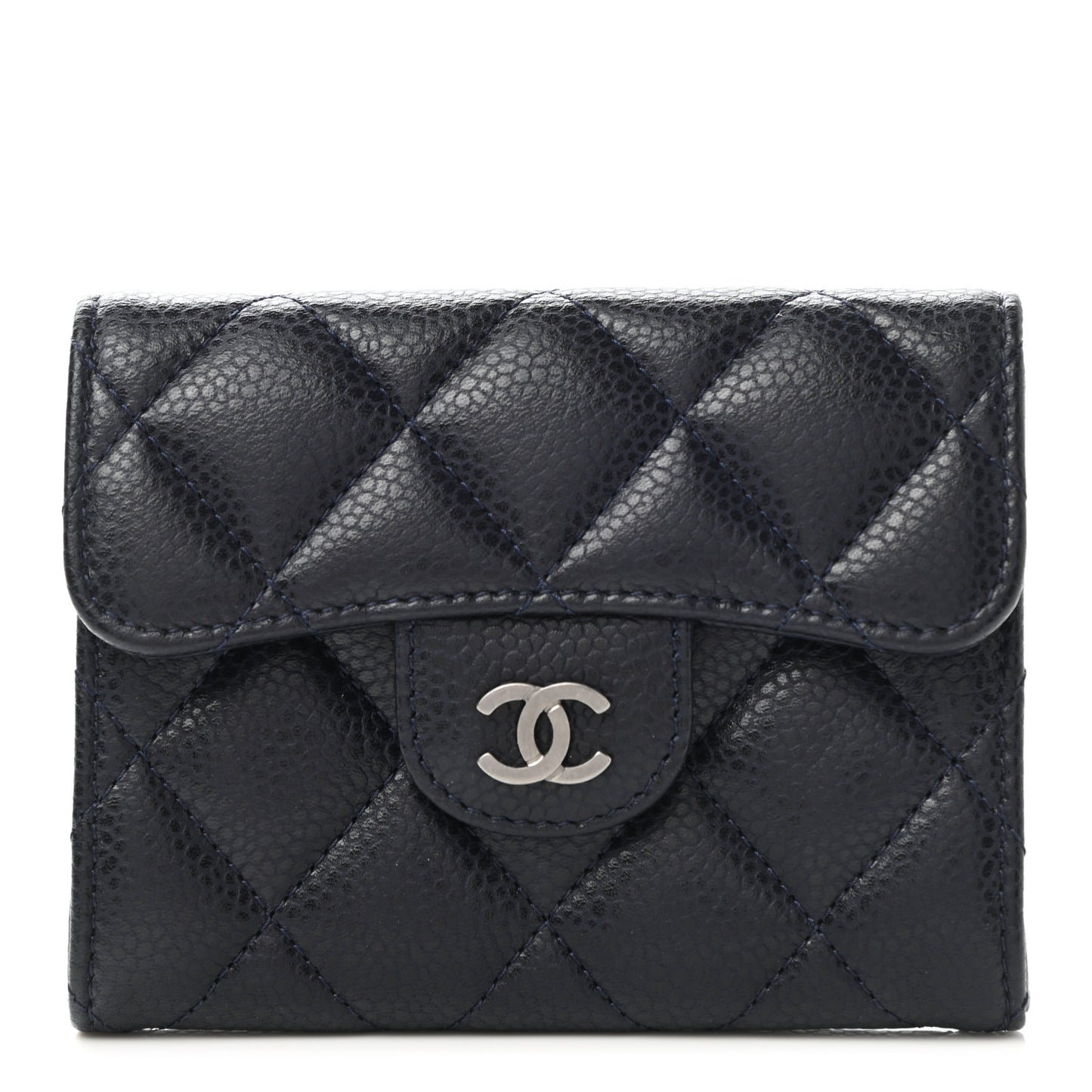 Caviar Quilted Flap Card Holder Wallet Navy Blue