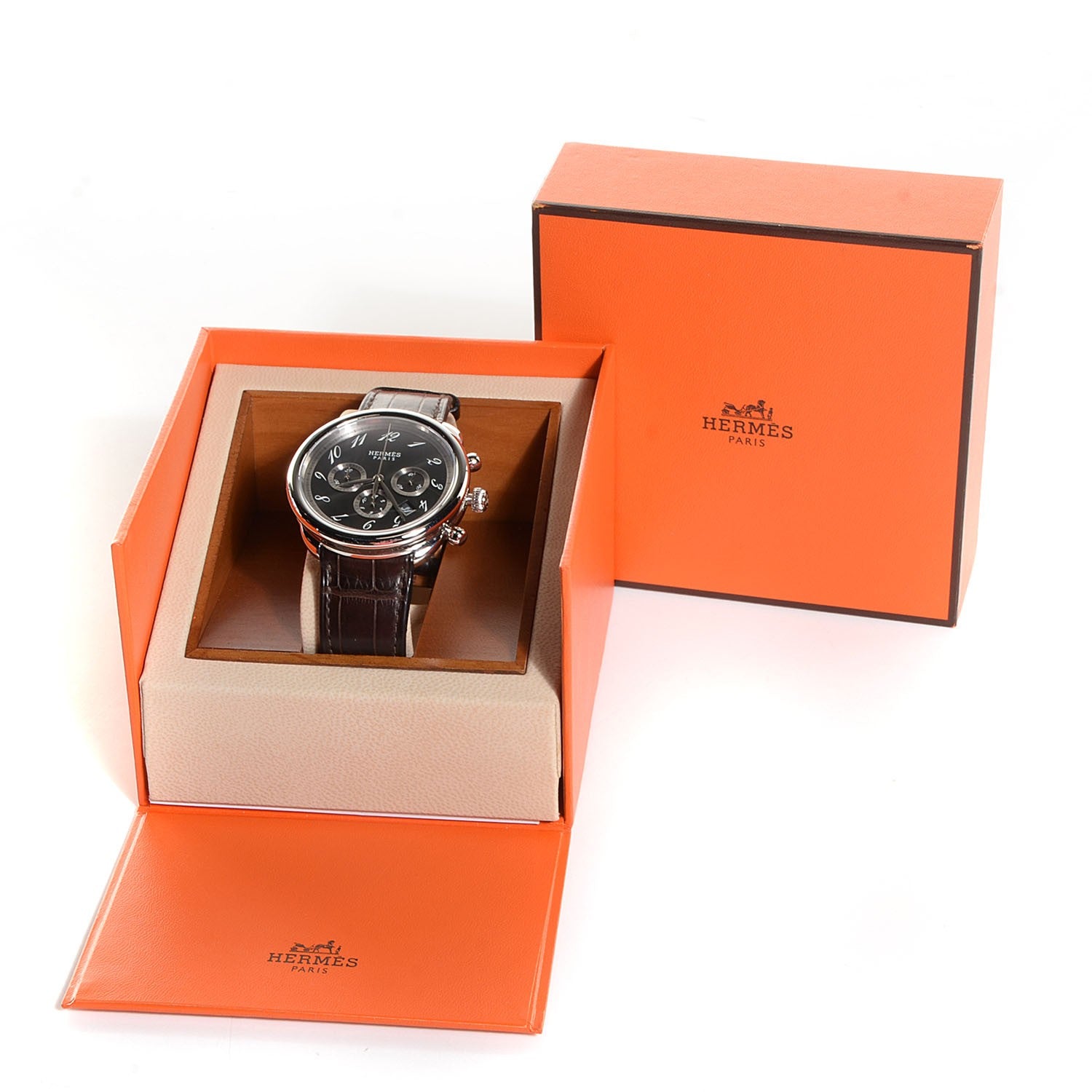Hermes Stainless Steel Alligator 43mm Arceau Chronograph Automatic Watch Havane 8 of 9