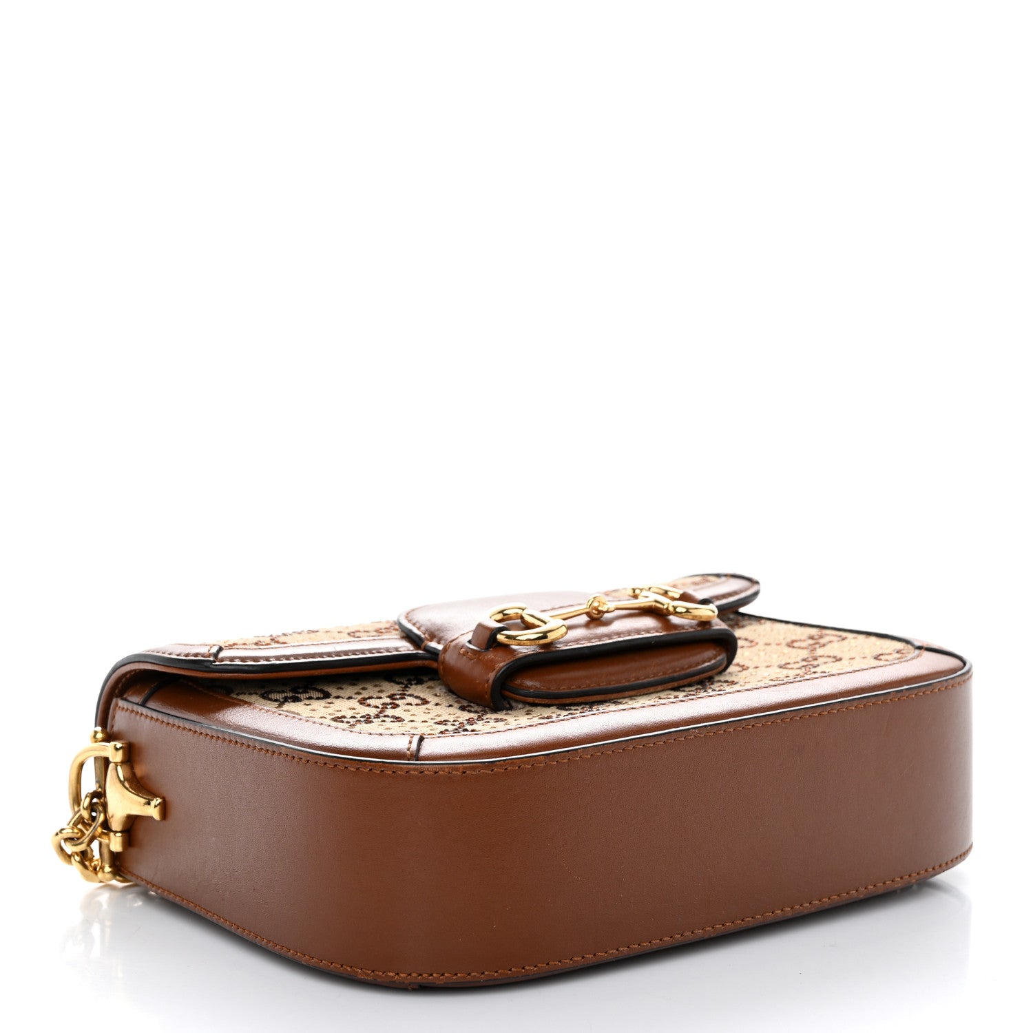 Gucci New Canvas Charisma Calfskin Crystal GG Monogram Mini Horsebit 1955 Shoulder Bag Camel Ebony 4 of 12