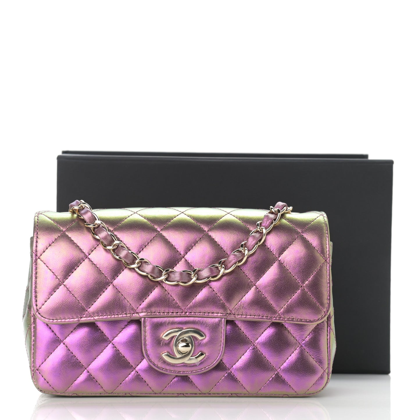 Iridescent Lambskin Quilted Mini Rectangular Flap Purple